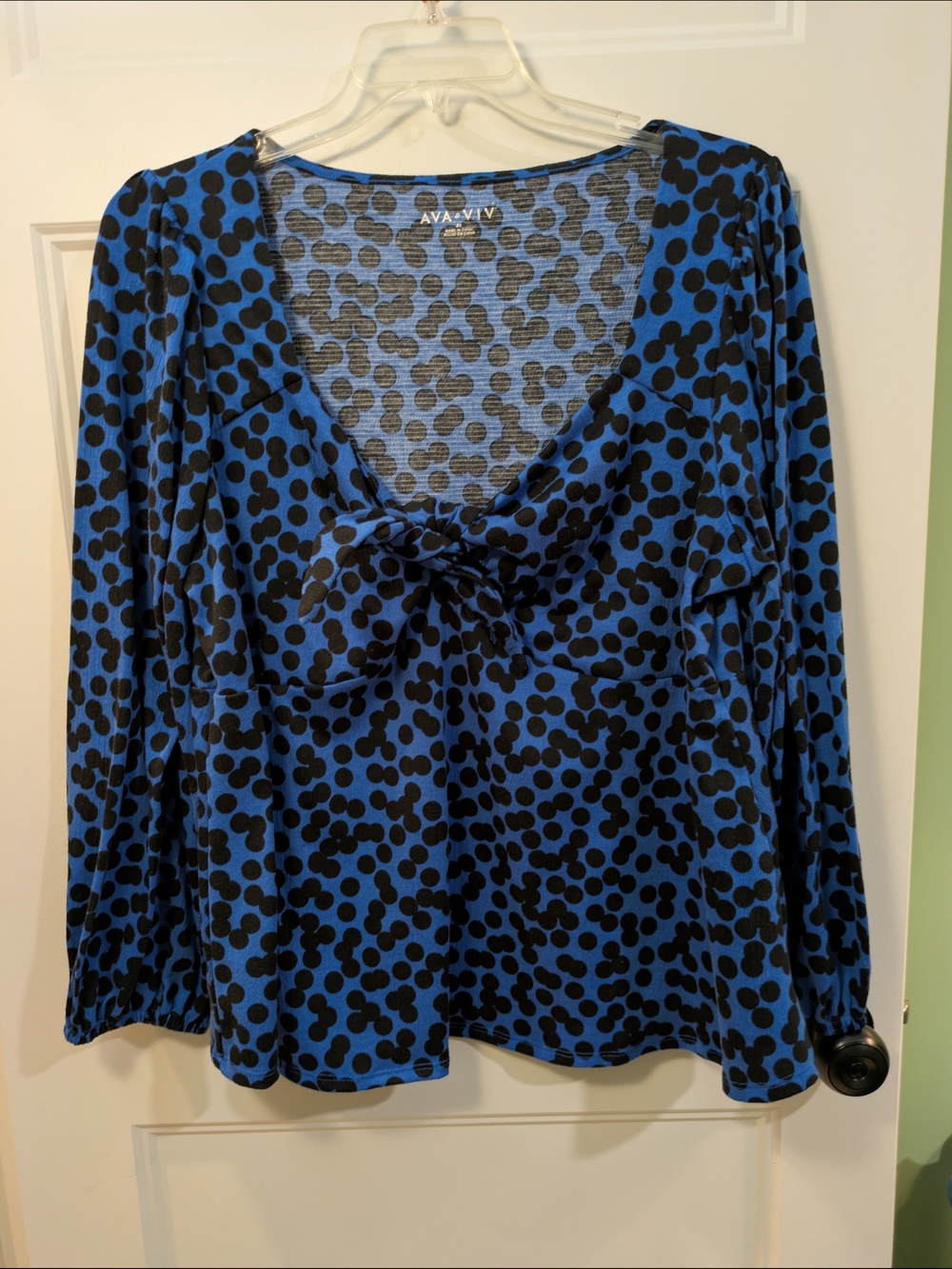 Ava & Viv Blue and Black Polka Dot Tie-Front V-Neck Blouse